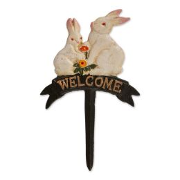 pAccent Plus Cast Iron Bunny Rabbits Welcome Flower Pot Stake