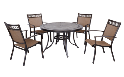 [ONLY FOR PICK UP]Outdoor 5 Piece Dining Set Patio Furniture w/ 4pcs Sling Chair & 1pc 46inch Porcelain Top Table